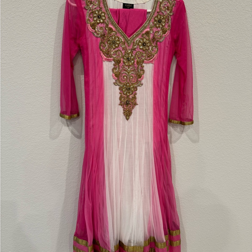 Pink and White Embroidered Anarkali Outfit, size 40